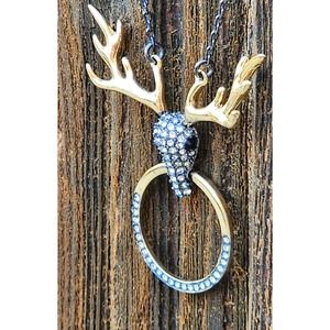 Pave Crystal Reindeer Gold-tone Pendant on Vintage Gunmetal Chain Necklace